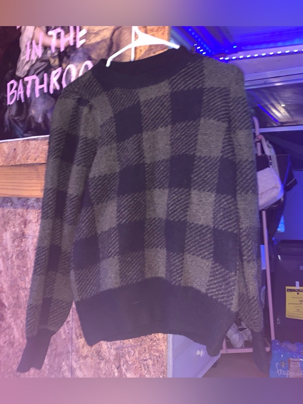 Women's Check-Pattern Crewneck Sweater in Black and Olive